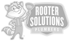 Cartoon raccoon plumber mascot holding plunger next to Rooter Solutions Plumbers logo.